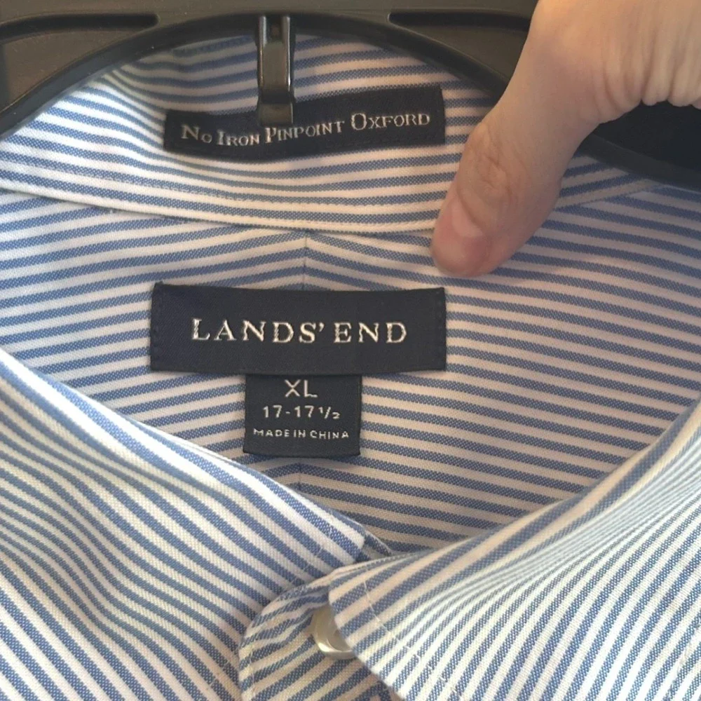 Lands' End Button Down Shirt Men XL Blue White Striped No Iron Pinpoint Oxford
